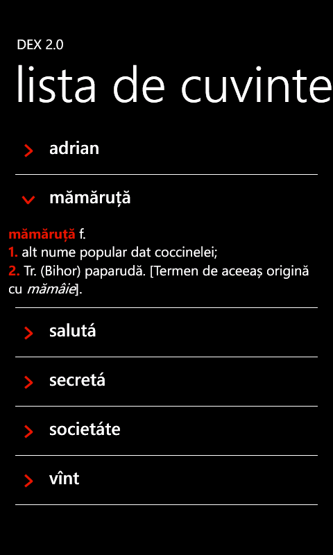 DEX pentru Windows Phone Lista de cuvinte